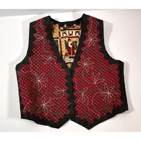 Handmade Reversible Women's Ugly Christmas Vest Folk Santa/Poinsettias Cotton XL - Picture 2 of 16